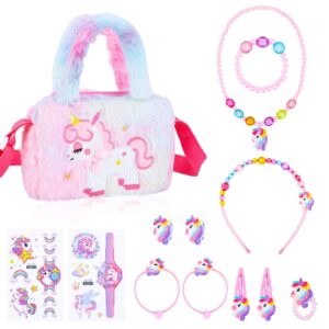 Apricitie Einhorn Handtasche - Geschenkset mit Schmuck für Mädchen (3-7 Jahre) - Einhorn Kinderschmuck: Halskette, Armband, Ring, Haarspange